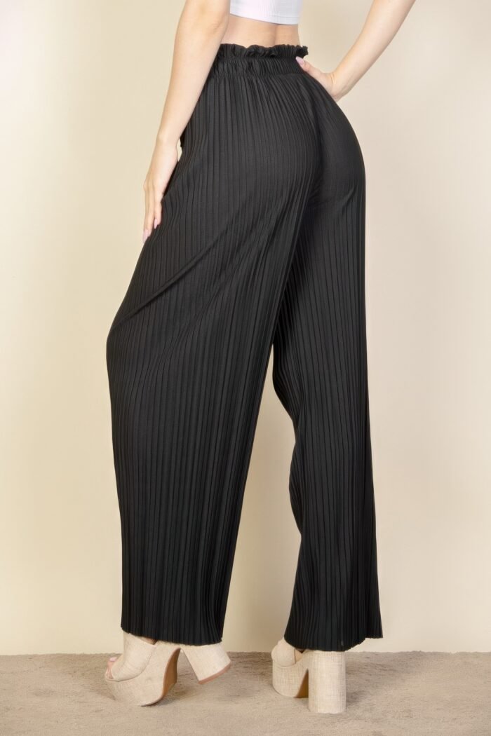 Pleated stretch crepe pull-on wide leg tie front pants