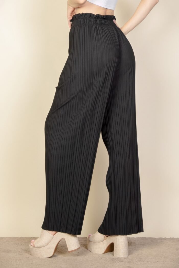 Pleated stretch crepe pull-on wide leg tie front pants