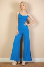 Ribbed Cowl Neck Backless Split Wide Leg Jumpsuit - Image 2