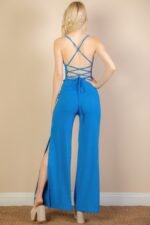 Ribbed Cowl Neck Backless Split Wide Leg Jumpsuit - Image 5