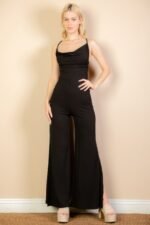 Ribbed Cowl Neck Backless Split Wide Leg Jumpsuit - Image 6