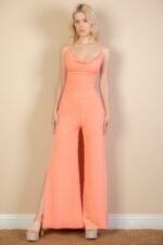 Ribbed Cowl Neck Backless Split Wide Leg Jumpsuit - Image 8