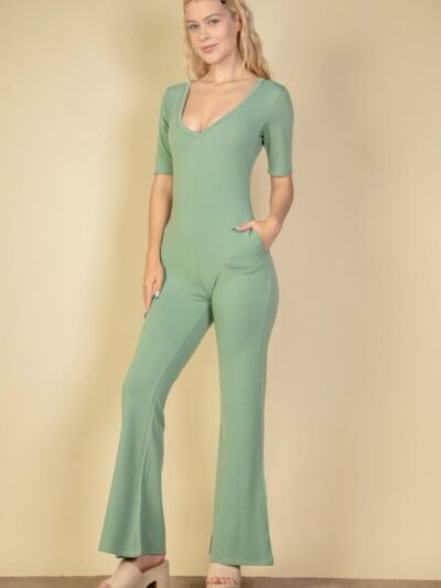 French Terry Short Sleeve Flare Jumpsuit