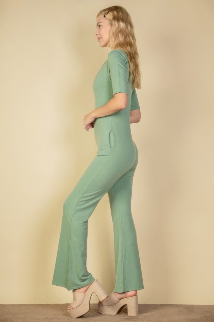 French terry short sleeve flare jumpsuit