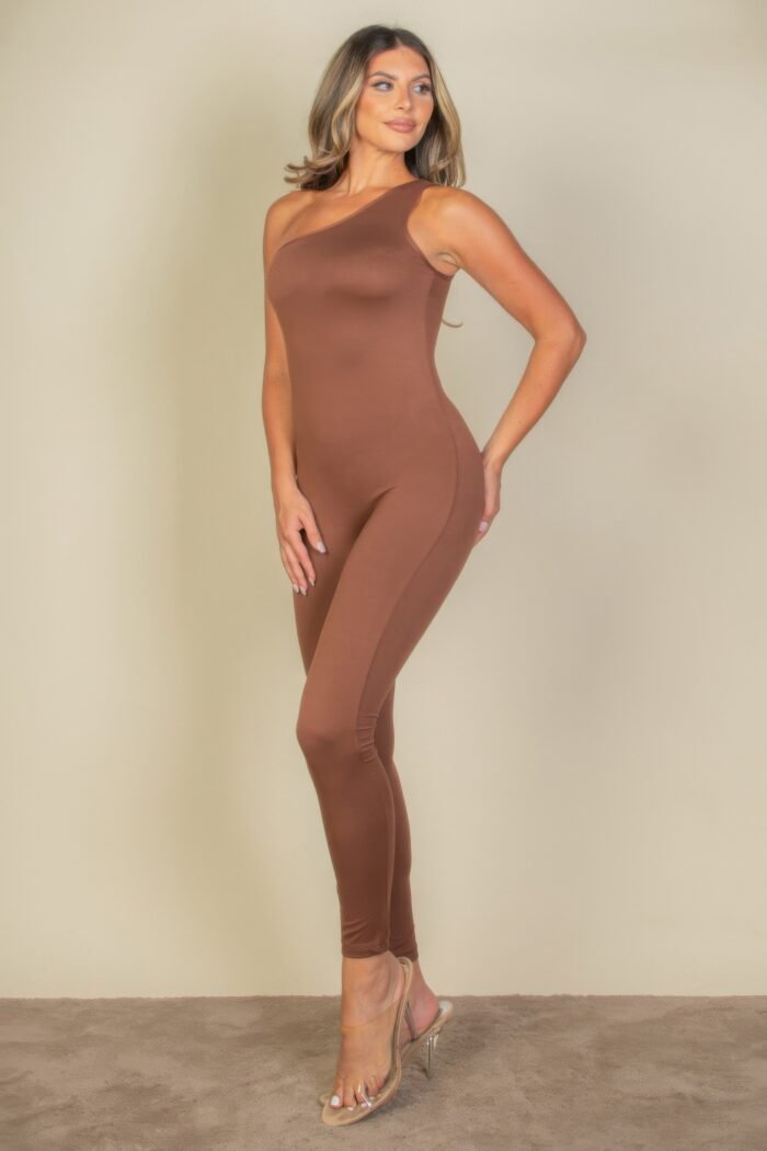 Solid color one shoulder jumpsuit