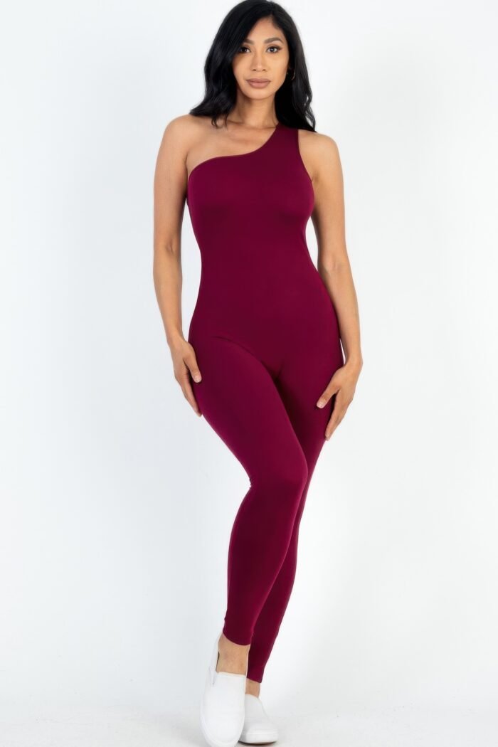 Solid color one shoulder jumpsuit