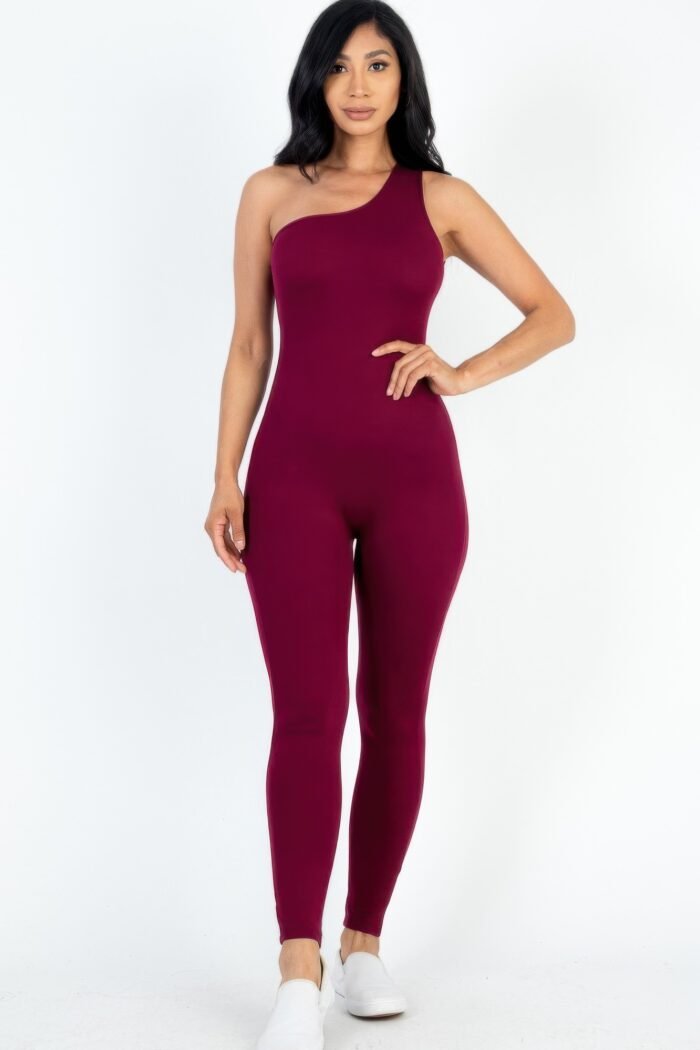 Solid color one shoulder jumpsuit