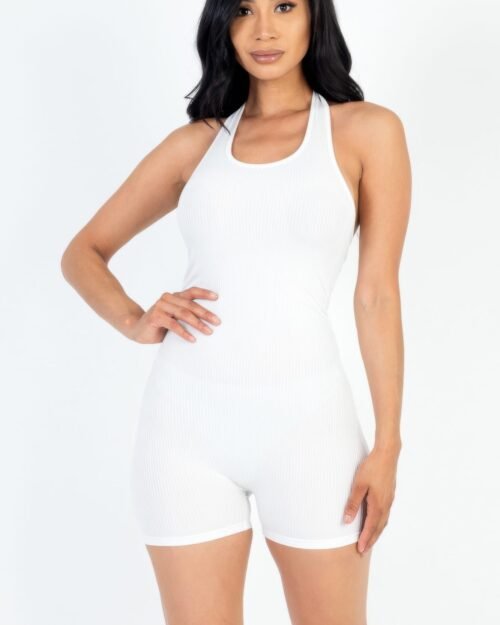 ribbed halter neck backless romper