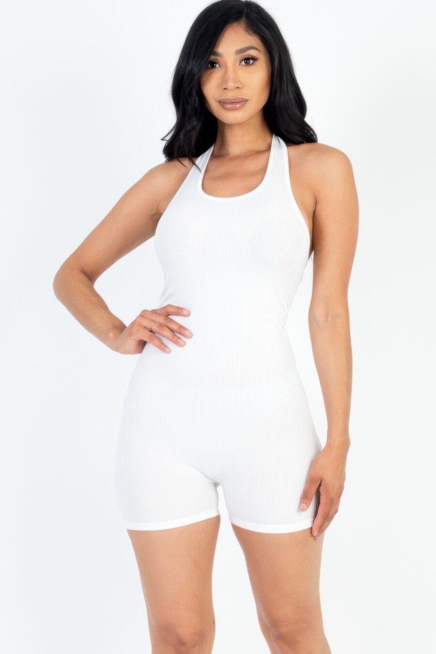 Ribbed halter neck backless romper