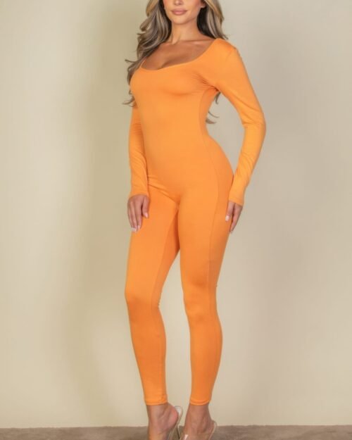scoop neck long sleeve bodycon jumpsuit