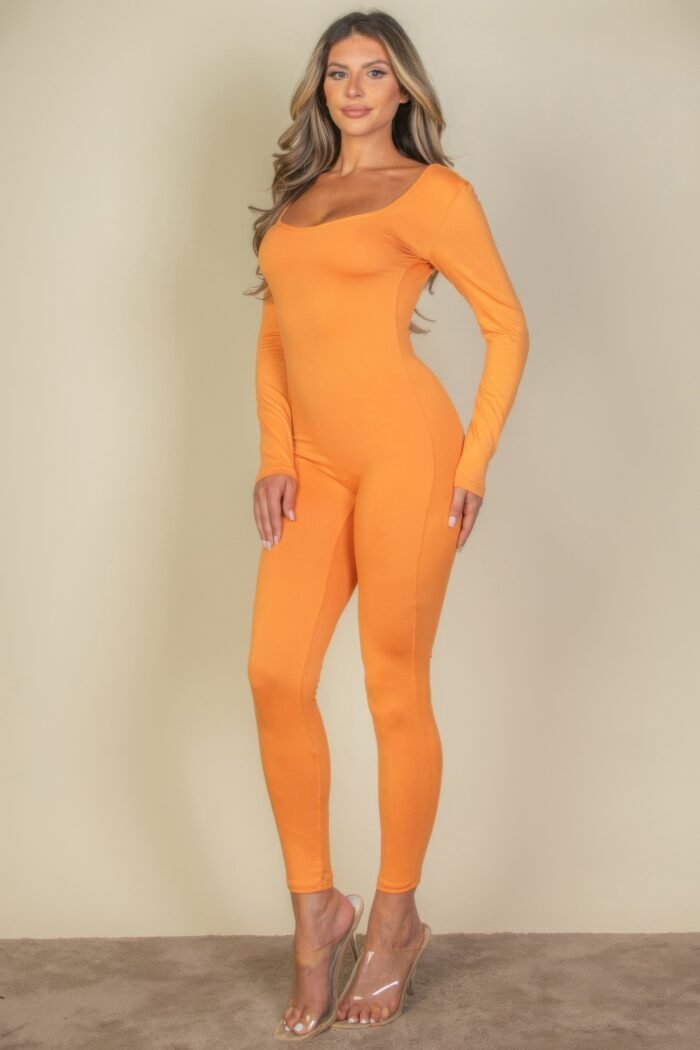 Scoop neck long sleeve bodycon jumpsuit