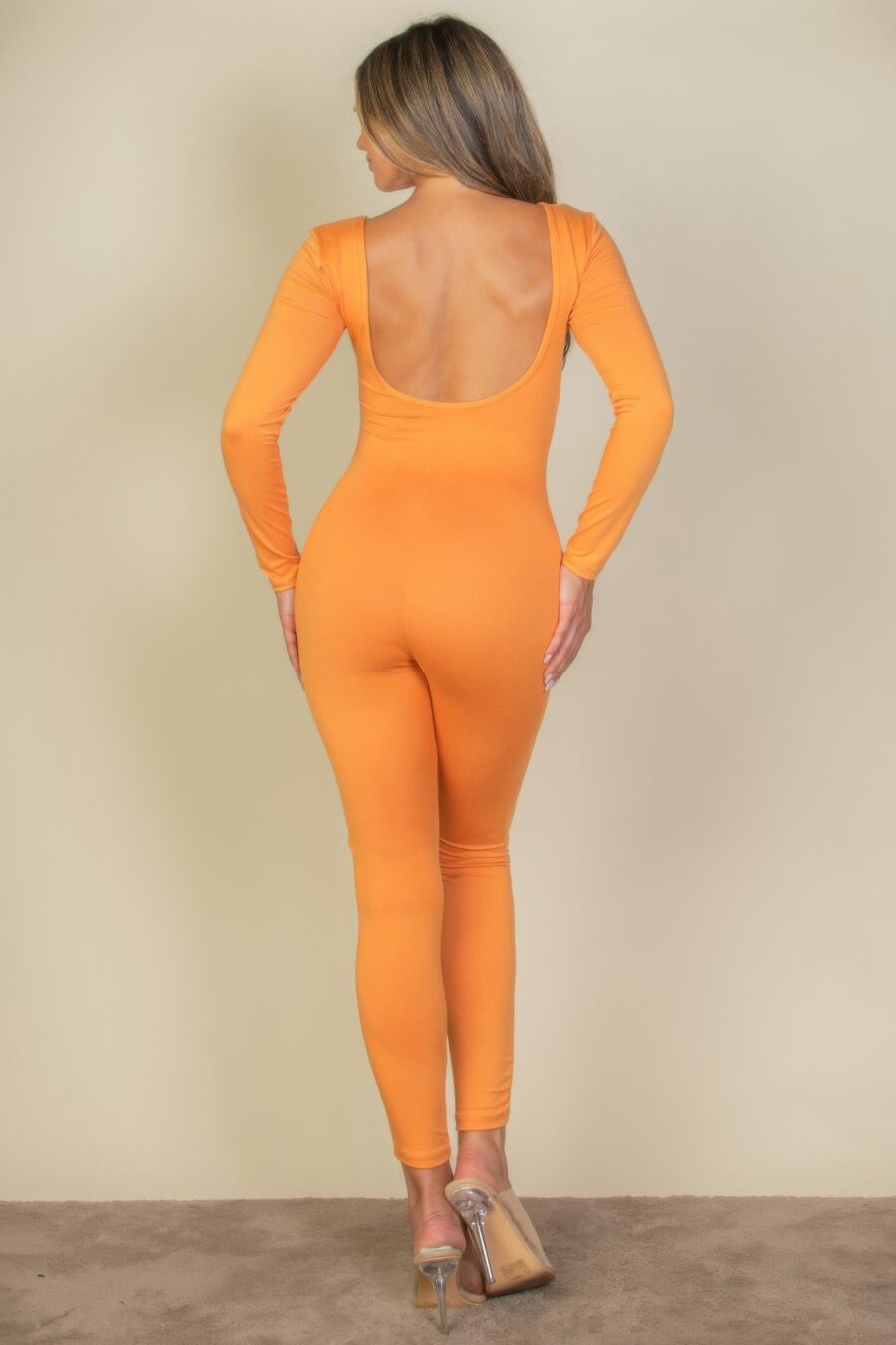 Scoop neck long sleeve bodycon jumpsuit