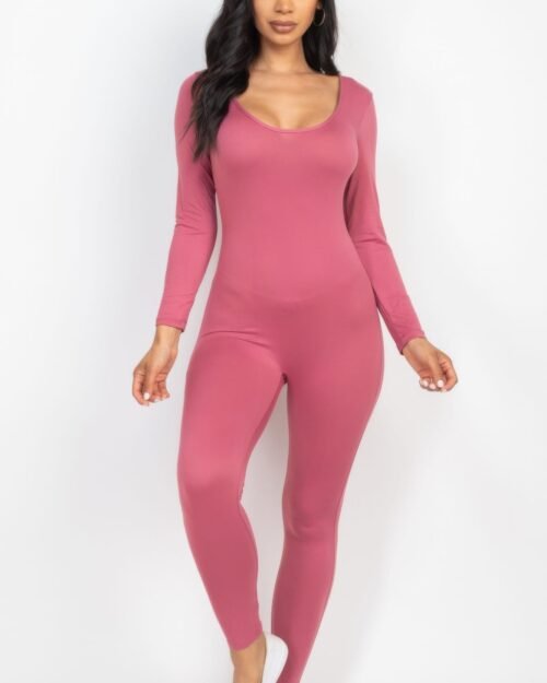 scoop neck long sleeve bodycon jumpsuit