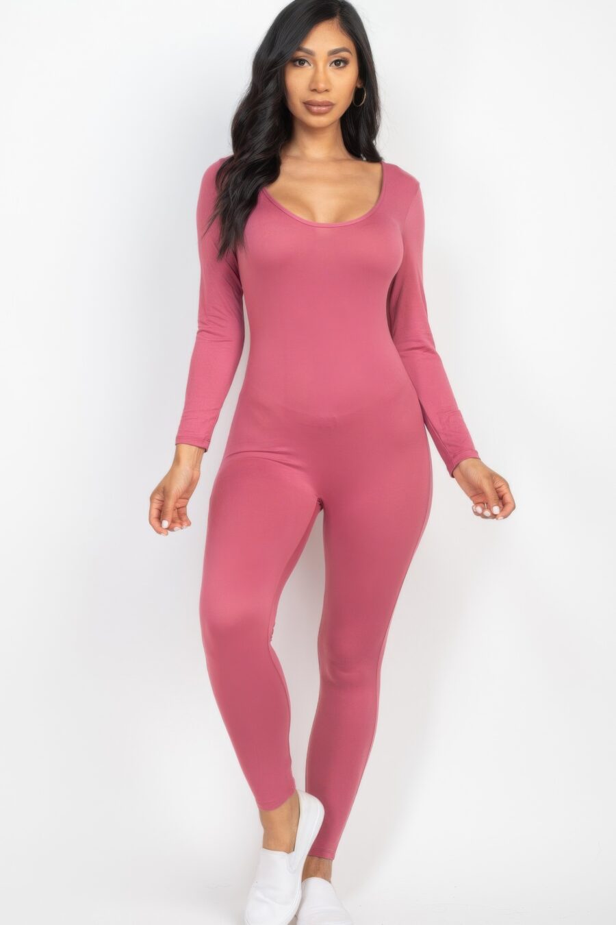 Scoop neck long sleeve bodycon jumpsuit