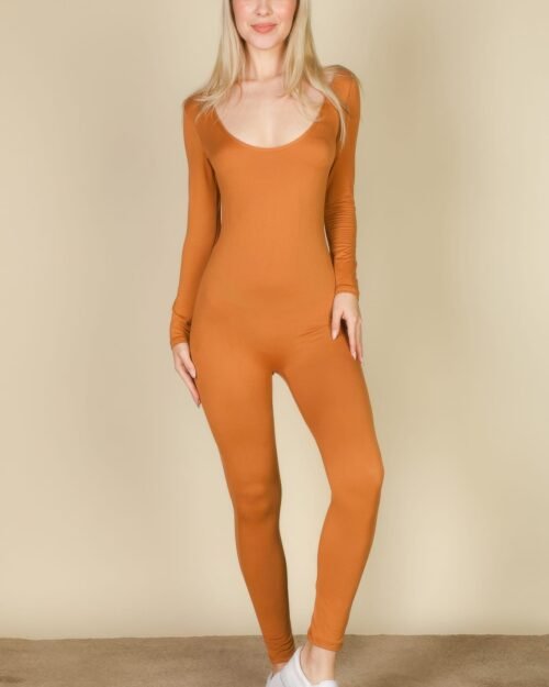 scoop neck long sleeve bodycon jumpsuit