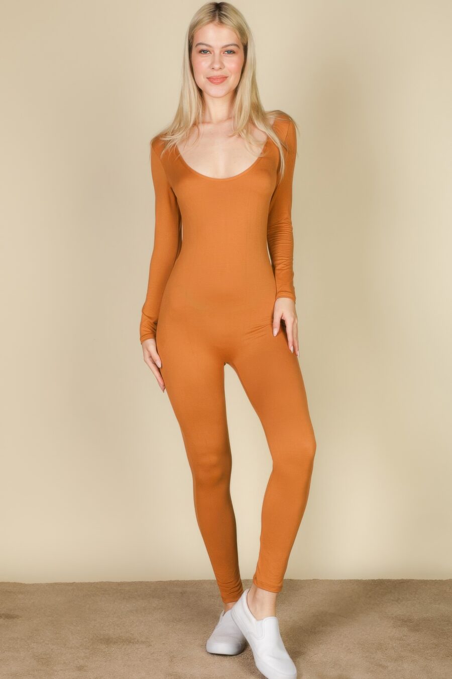 Scoop neck long sleeve bodycon jumpsuit