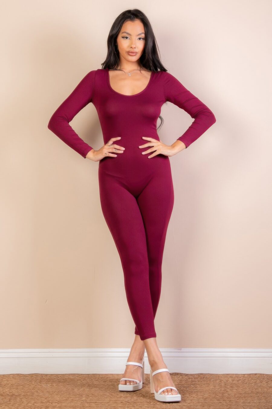 Scoop neck long sleeve bodycon jumpsuit