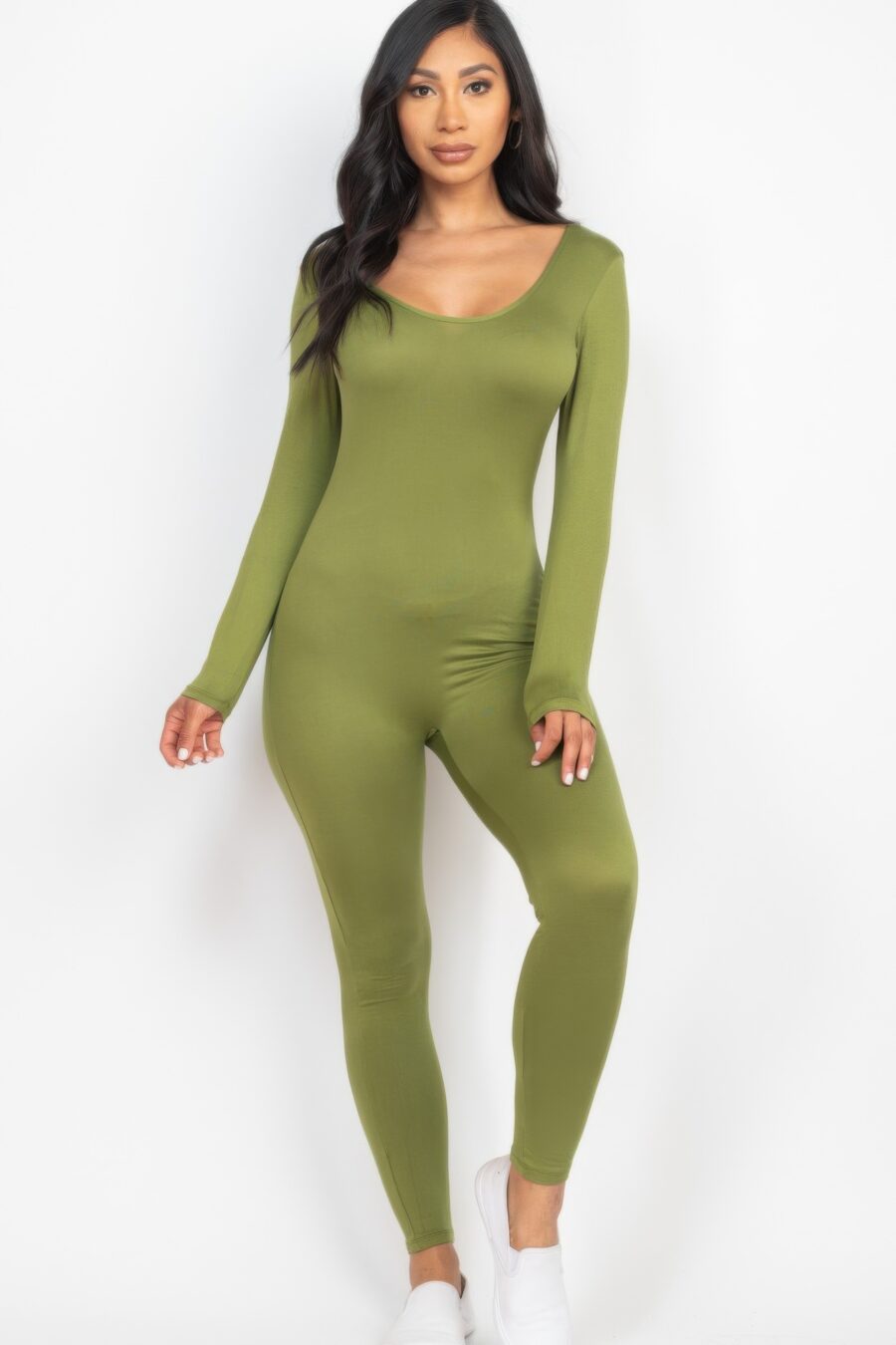 Scoop neck long sleeve bodycon jumpsuit