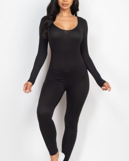 scoop neck long sleeve bodycon jumpsuit