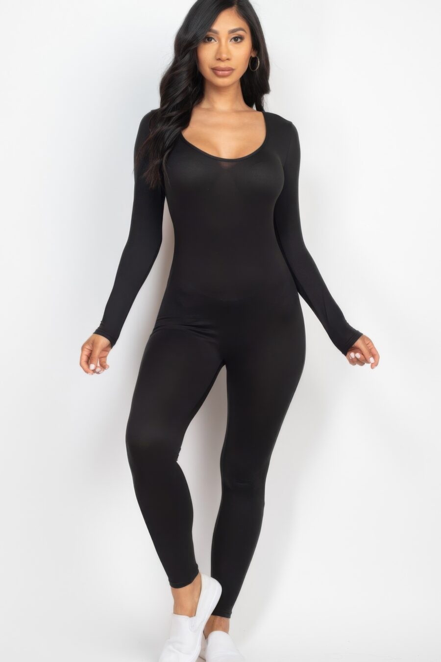 Scoop neck long sleeve bodycon jumpsuit