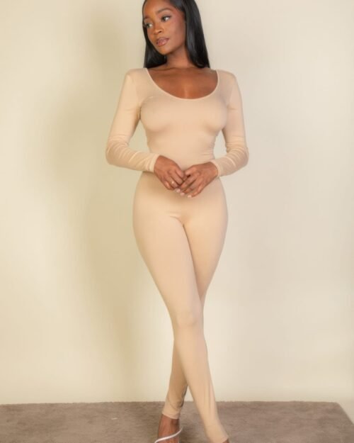 scoop neck long sleeve bodycon jumpsuit