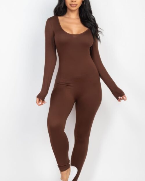 scoop neck long sleeve bodycon jumpsuit