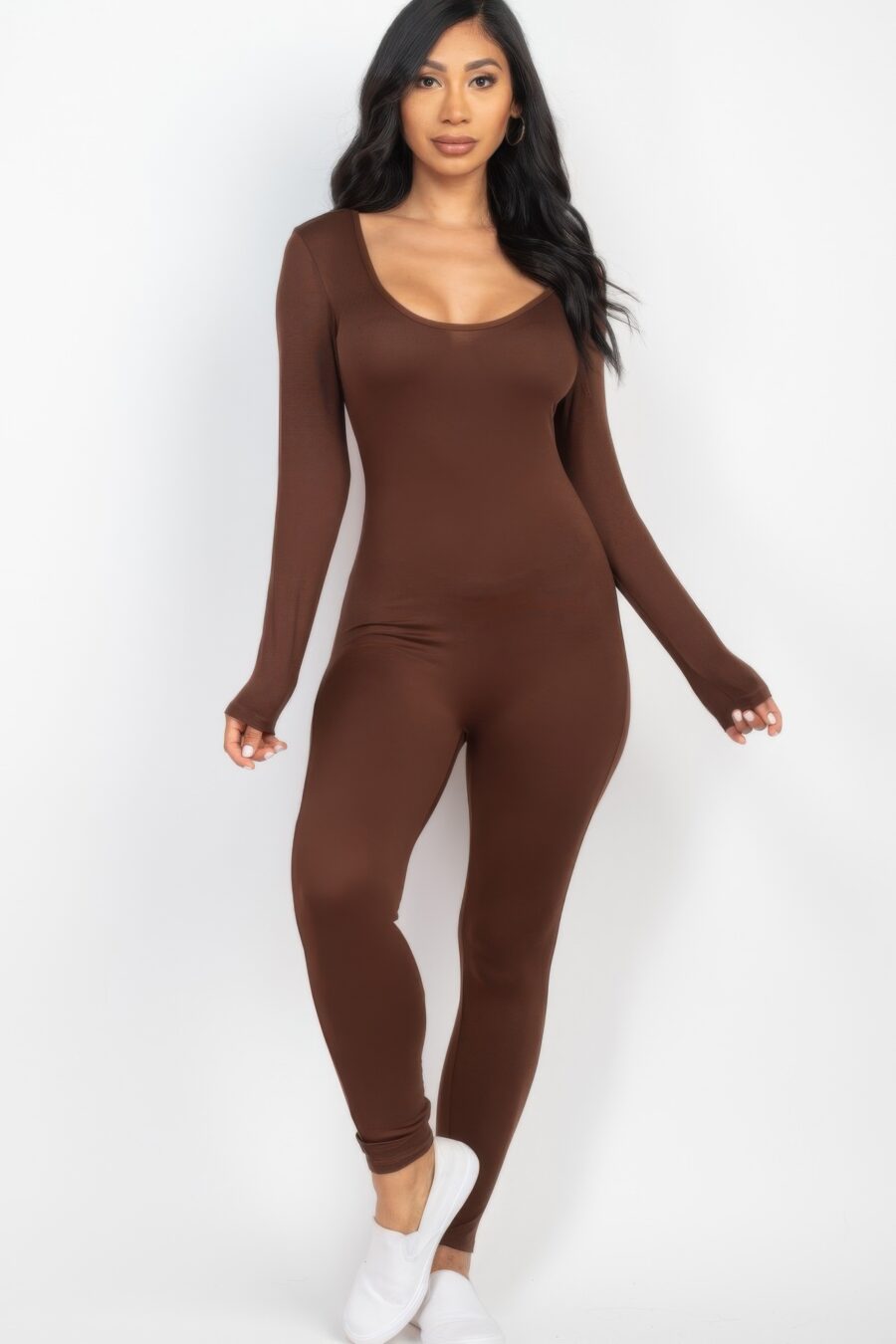 Scoop neck long sleeve bodycon jumpsuit