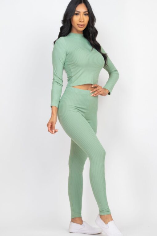 Ribbed Mock Neck Long Sleeve Top & Leggings Set - Image 2