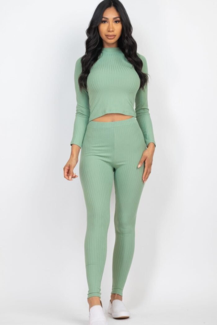 Ribbed mock neck long sleeve top & leggings set