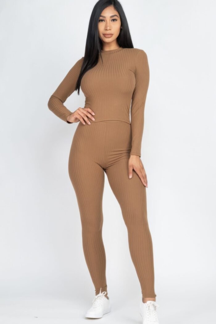 Ribbed mock neck long sleeve top & leggings set