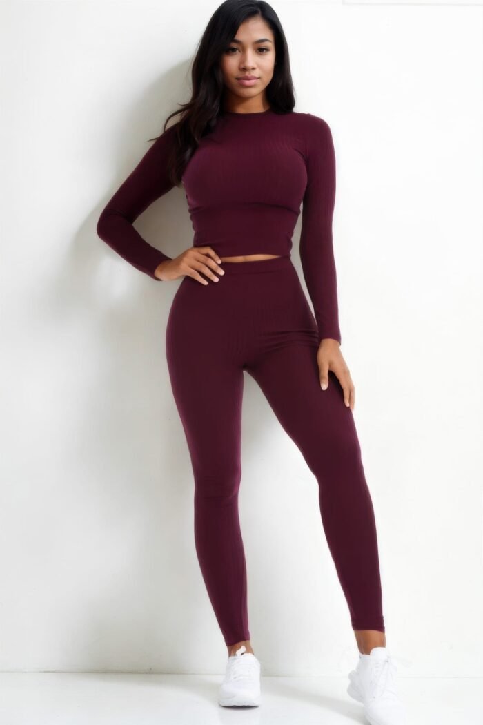 Ribbed mock neck long sleeve top & leggings set