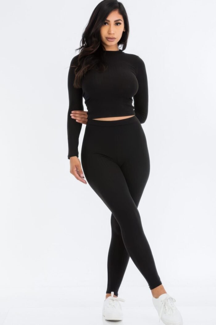 Ribbed mock neck long sleeve top & leggings set