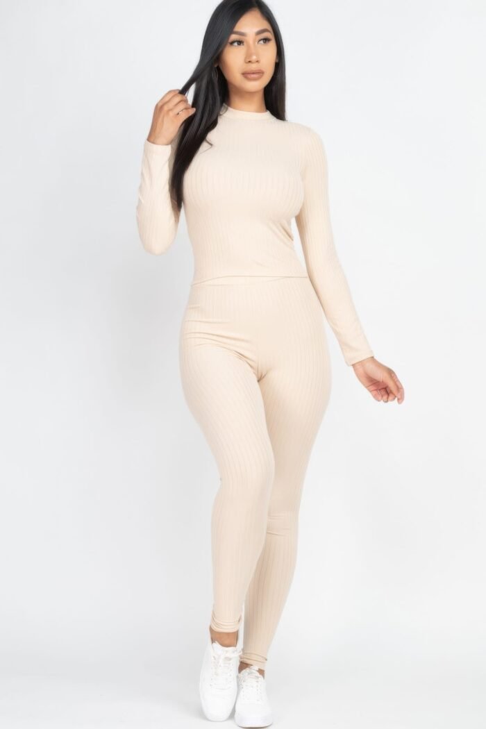 Ribbed mock neck long sleeve top & leggings set
