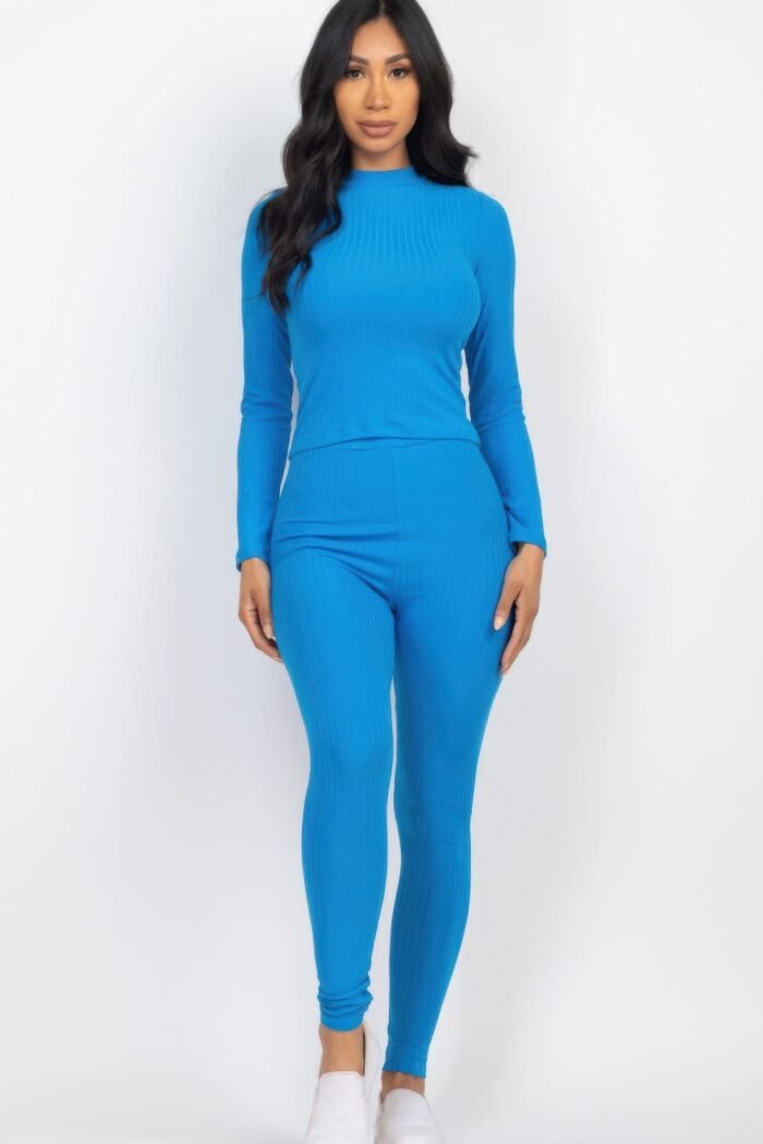 Ribbed mock neck long sleeve top & leggings set