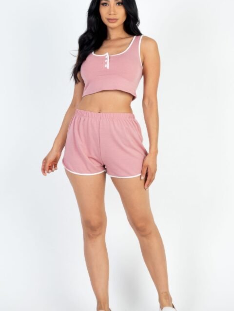 Casual French Terry Sleeveless Button Front Contrast Trim Cropped Tank Top A…