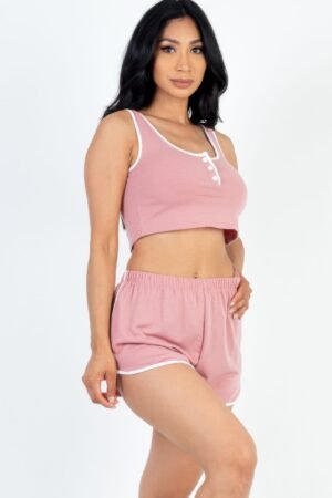Casual French Terry Sleeveless Cropped Tank Top & Shorts Set Casual French Terry Sleeveless Button Front Contrast Trim Cropped Tank Top A…