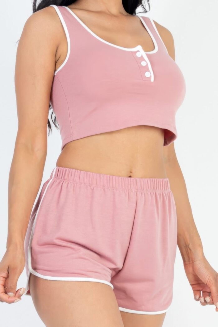 Casual french terry sleeveless button front contrast trim cropped tank top a...