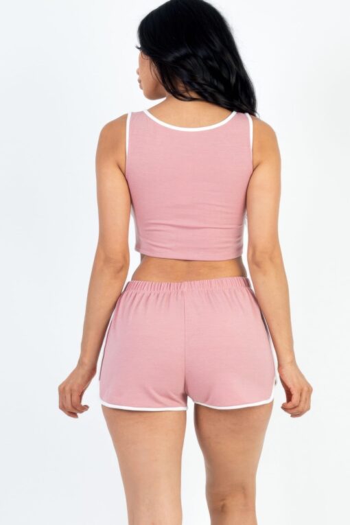 Casual French Terry Sleeveless Button Front Contrast Trim Cropped Tank Top A... - Image 5