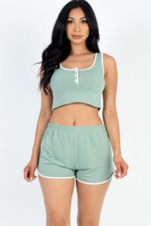 Casual French Terry Sleeveless Cropped Tank Top & Shorts Set Casual French Terry Sleeveless Button Front Contrast Trim Cropped Tank Top A…