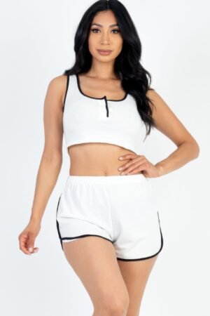 Casual French Terry Sleeveless Cropped Tank Top & Shorts Set Casual French Terry Sleeveless Button Front Contrast Trim Cropped Tank Top A…