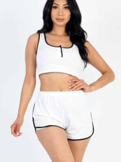 Casual French Terry Sleeveless Button Front Contrast Trim Cropped Tank Top A…