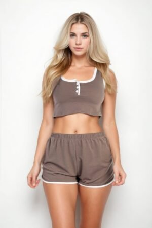 Casual French Terry Sleeveless Cropped Tank Top & Shorts Set Casual French Terry Sleeveless Button Front Contrast Trim Cropped Tank Top A…