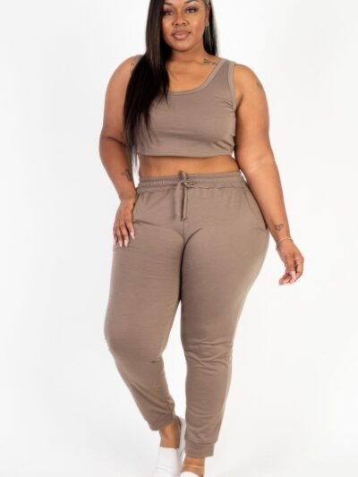 Plus Size French Terry Cropped Tank Top & Joggers Set