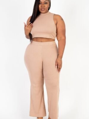 Plus Size Ribbed Mock Neck Crop Tank Top& Bootcut Pants Set