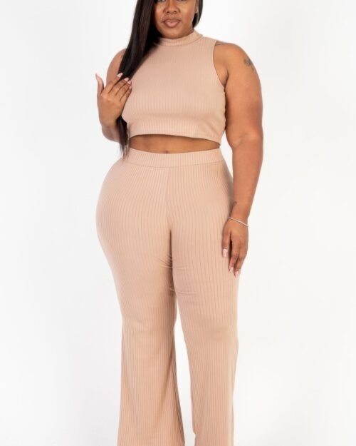 Plus Size Ribbed Mock Neck Crop Tank Top& Bootcut Pants Set