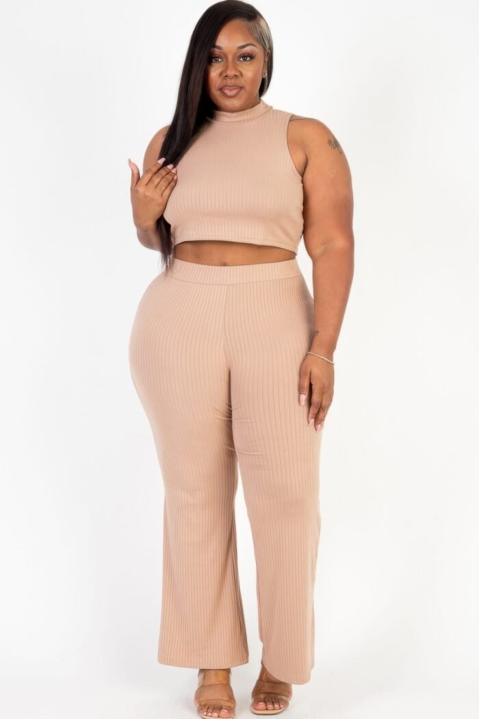 Plus size ribbed mock neck crop tank top& bootcut pants set
