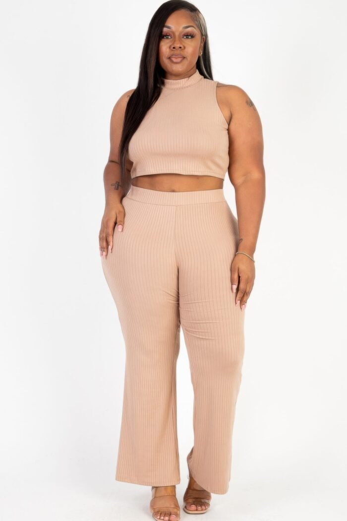 Plus size ribbed mock neck crop tank top& bootcut pants set