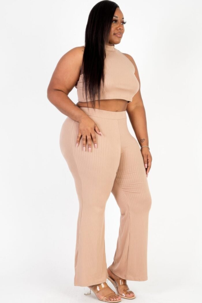 Plus size ribbed mock neck crop tank top& bootcut pants set