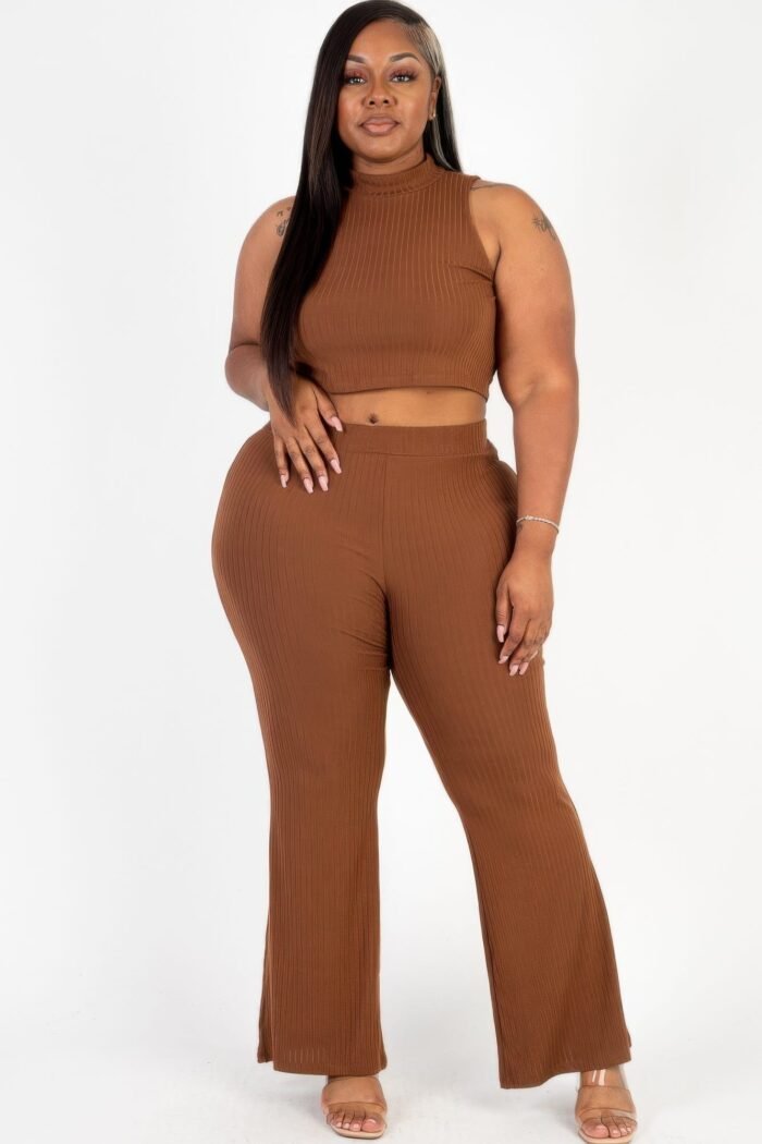 Plus size ribbed mock neck crop tank top& bootcut pants set