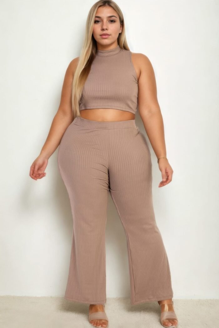 Plus size ribbed mock neck crop tank top& bootcut pants set